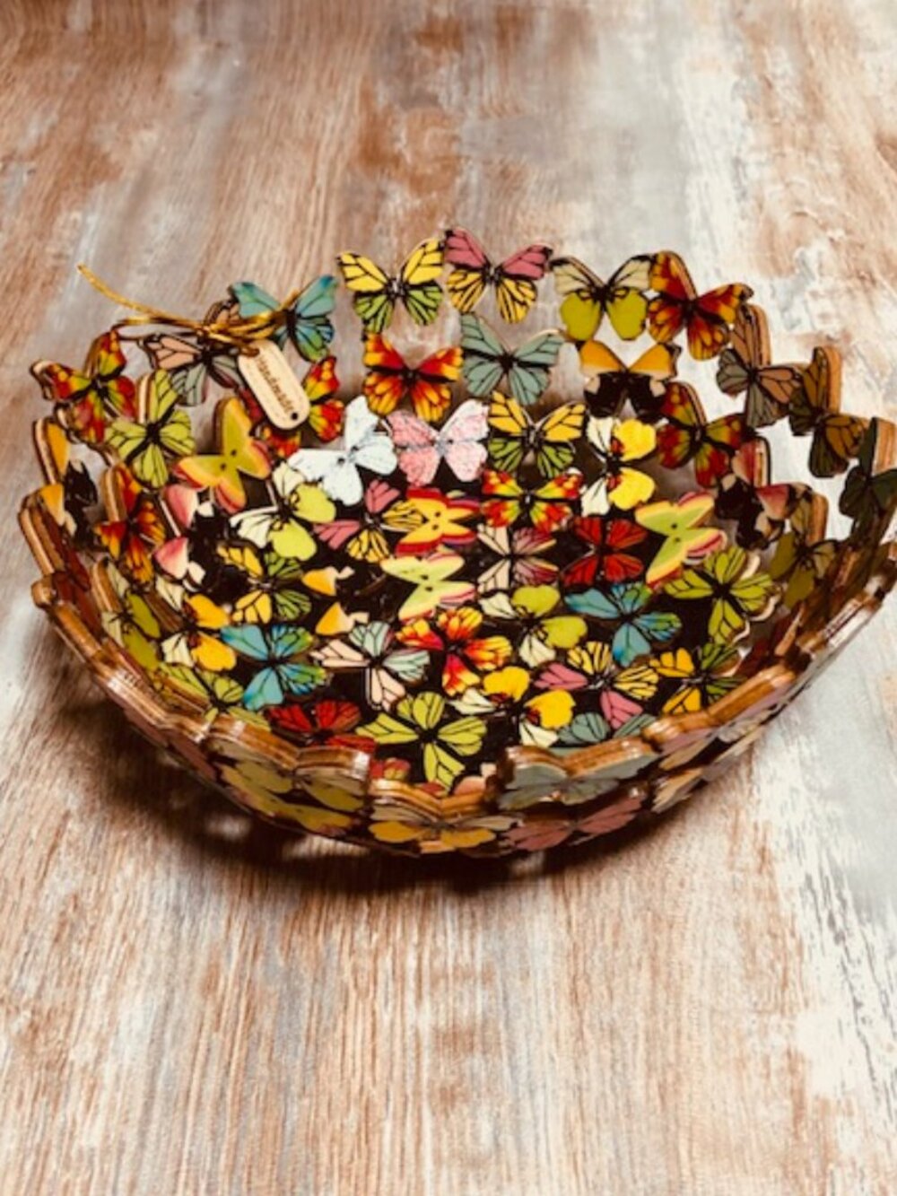 Sturdy Handcraft Butterfly Catchall Bowl made with Double Wooden Buttons